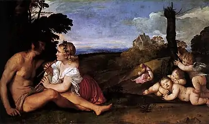 Image d'une peinture montrant dans un paysage de campagne trois groupes de figures, à des distances différentes du spectateur. À gauche, un homme à moitié nu et couché, près d'une fille habillée et sur le point de jouer de la double flûte ; au centre, au loin, un vieil homme méditant sur la mort tenant deux crânes ; à droite, au milieu du champ, trois chérubins, deux endormis et un homme ailé grimpant sur un tronc sec. Le paysage se perd dans une succession de collines vues de haut, jusqu'à un horizon bleu indéfini.