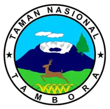 Dessin couleur montrant un volcan bleu sombre avec un grand cratère blanc, un sapin sur son flanc, un cerf bondissant au premier plan dans des herbes vertes et jaunes.