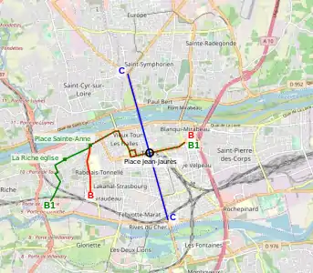 Carte en couleurs d'un réseau de transport en commun.