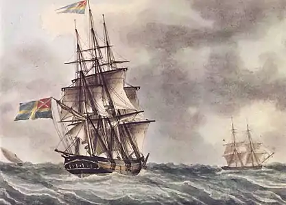 Navire suédois à trois mâts en mer grosse.