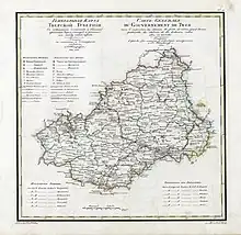 Carte du gouvernement de Tver en français et russe, avec les différents ouïezds le composant.