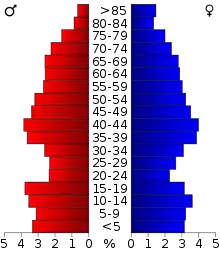 Schéma représentant la population du comté, par tranche d'âge. En rouge, à gauche, les femmes, en bleu à droite, les hommes.