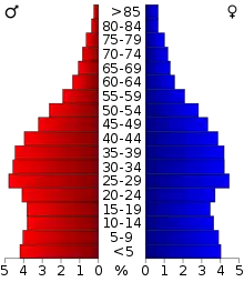 Schéma représentant la population du comté, par tranche d'âge. En rouge, à gauche, les femmes, en bleu à droite, les hommes.