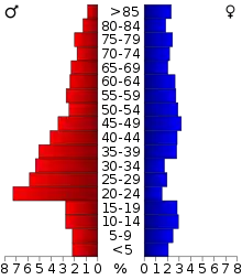 Schéma représentant la population du comté, par tranche d'âge. En rouge, à gauche, les femmes, en bleu à droite, les hommes.