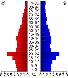 Schéma représentant la population du comté, par tranche d'âge. En rouge, à gauche, les femmes, en bleu à droite, les hommes.