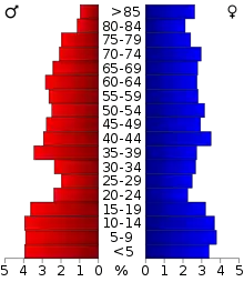 Schéma représentant la population du comté, par tranche d'âge. En rouge, à gauche, les femmes, en bleu à droite, les hommes.