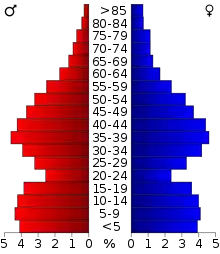 Schéma représentant la population du comté, par tranche d'âge. En rouge, à gauche, les femmes, en bleu à droite, les hommes.