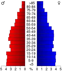 Schéma représentant la population du comté, par tranche d'âge. En rouge, à gauche, les femmes, en bleu à droite, les hommes.