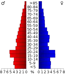 Schéma représentant la population du comté, par tranche d'âge. En rouge, à gauche, les femmes, en bleu à droite, les hommes.