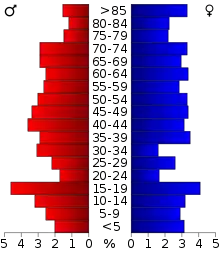 Schéma représentant la population du comté, par tranche d'âge. En rouge, à gauche, les femmes, en bleu à droite, les hommes.