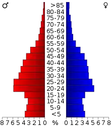Schéma représentant la population du comté, par tranche d'âge. En rouge, à gauche, les femmes, en bleu à droite, les hommes.