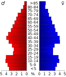 Schéma représentant la population du comté, par tranche d'âge. En rouge, à gauche, les femmes, en bleu à droite, les hommes.