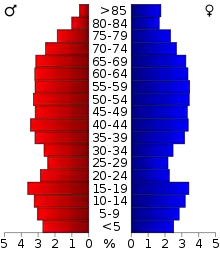 Schéma représentant la population du comté, par tranche d'âge. En rouge, à gauche, les femmes, en bleu à droite, les hommes.
