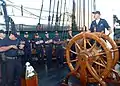 Barre à roue en bois sur un vieux gréement : USS Constitution.