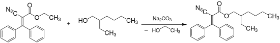 Substitution du groupe éthyle (diphénylcyanacrylate d'éthyle) par un groupe 2-éthylhexyle (octocrilène) par transestérification