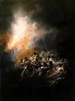 Tableau de Goya : grandes flammes à gauche, gens entassés et enchevêtrés tentant de fuir à droite.