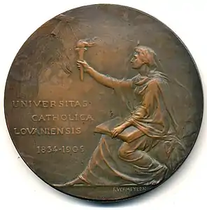 75e anniversaire de la réinstallation de l'université catholique de Louvain 1834-1909, médaille bronze, 60 mm, signée Frantz Vermeylen.