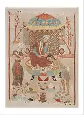 Photographie d'une tapisserie ancienne représentant trois personnages.