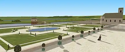 Restitution de la vue depuis le premier étage du château de Villennes côté cour d'entrée, vers 1700.