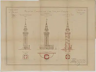 Plan du projet de construction de la tour de l'horloge en 1895.