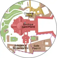 Carte générale de la Cité du Vatican et détail montrant la chapelle Sixtine, lieu de l'élection, et la Domus Sanctae Marthae, résidence où logent les cardinaux électeurs.