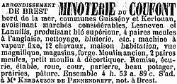 Annonce de la vente de la minoterie du Couffont (Couffon), située sur le Quillimadec, à la limite des communes de Guissény et Kerlouan (Le Figaro du 21 juin 1878).