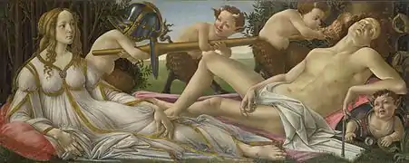 Sandro Botticelli, Vénus et Mars, c 1485. Tempera et huile sur panneau de peuplier, 69 × 173 cm.