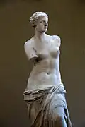 Vénus de Milo (Aphrodite). Fin du IIe siècle avant notre ère (vers 100 AEC). Découverte en 1820.Musée du Louvre