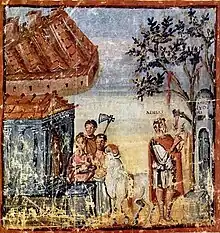 Quatre personnages et un taureau entre un monument et une tombe.