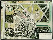 Plan général du Trianon et du Jardin de la Reine à Versailles au XIXe siècle, suivant une orientation sud-nord.