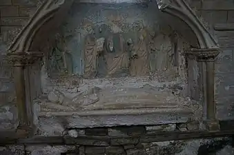 Bas-relief Enfeu représentant le Christ assis et bénissant remettant à saint Pierre les clefs du Royaume des cieux pour accueillir l'âme du défunt (Traditio clavium),