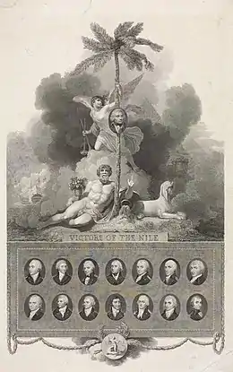 Gravure en noir et blanc des principaux acteurs britanniques de la bataille, la plupart sous forme de portrait sous le titre Victory of the Nile.