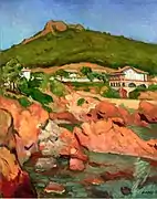 Peinture à l'huile. Roches rouges avec en arrière-plan une montagne.