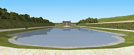 Restitution de la vue depuis le bout du miroir d'eau du château de Villennes, fin XVIIe siècle.