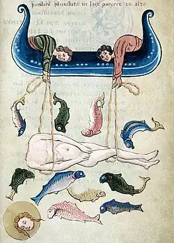 « Découverte du corps et du chef de saint Quentin. » Vita et miracula s. Quintini, ca. 1100, musée Antoine-Lécuyer, Saint-Quentin.