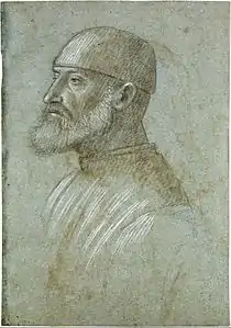 Tête d'homme barbu coiffé d'une casquette, de profil à gauche, 1460-1499, 18,5 × 26,5 cm, Pierre noire, lavis brun, rehauts de gouache blanche, sur papier bleu. Morgan Library and Museum, New York.
