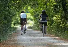 Cyclistes sur la voie verte Via Ardèche en direction de Saint-Sernin.