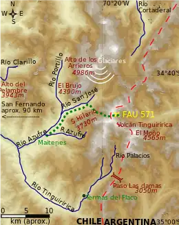 A topographic map of the area surrounding the plane crash site with Parrado and Canessa's route marked.