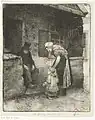 Une femme avec un petit enfant se tient à côté d'un vieil homme assis devant la maison d'un ouvrier. (eau-forte).