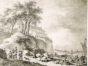 Lithographie en noir et blanc représentant une église sur un promontoire et, en contrebas, des villageois marchant sur un chemin.