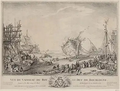 Le lancement du gros deux-ponts le Duc de Bourgogne en 1751, à Rochefort, vu avec réalisme par Nicolas Ozanne.