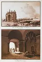 Gravure du portique monumental (en haut) conduisant à la villa Palagonia, par Houël.