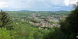 Vue panoramique d'une ville entre des montagnes boisées.
