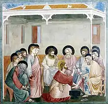 Raisonnement du Christ avec Pierre pendant qu'il lave ses pieds, par Giotto di Bondone (Chapelle des Scrovegni), v. 1304–06