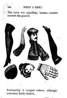 vue de la page 104 de What a life ! avec au centre des collages de têtes, bras et jambes découpées. Le texte évoque une scène effrayante avec des bras et des jambes partout sur le sol. Le narrateur précise qu'heureusement il s'en est sorti sans blessure, même s'il a été fortement secoué...