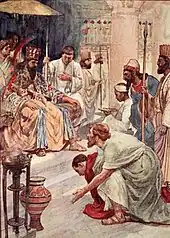 Illustration en couleur d'un homme s'agenouillant devant un autre assis sur un trône et accompagné de sa cour.