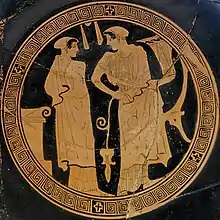 Femmes près d'un autel. Intérieur d'un kylix attique à figures rouges ; peintre de Comacchio, v. 450 av. J.-C.