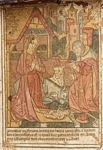 Xylographie de la Nativité attribuée à l'atelier du Maître des Très Petites heures d'Anne de Bretagne, collée à l'intérieur du couvercle du coffret