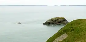 Vue de l'île et de l'îlot Pont yr Eilun (à gauche) depuis Ynys Cantwr, en 2014.