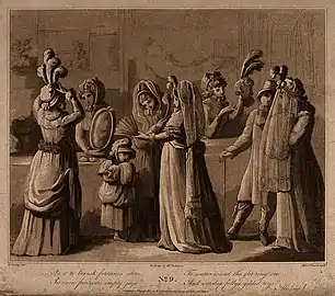 Young women are trying on hats and looking at fans in a mill, tirée de Progress of Female Virtue and Female Dissipation (Wellcome Collection).